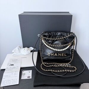 Chanel 22 Black Quilted Leather Mini Pearl Double Chain Tote Bag Gold Hardware